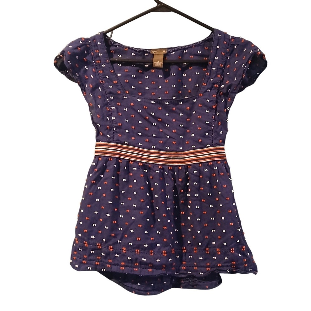 Fei Navy Blue White Orange Polka Dot Square Neck Cap Sleeve Belted Top Size 4